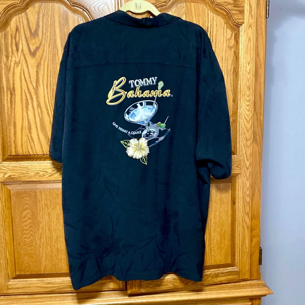 Tommy Bahama Give Drinks A Chance Shirt Mens XXL Black Embroidered Silk Camp